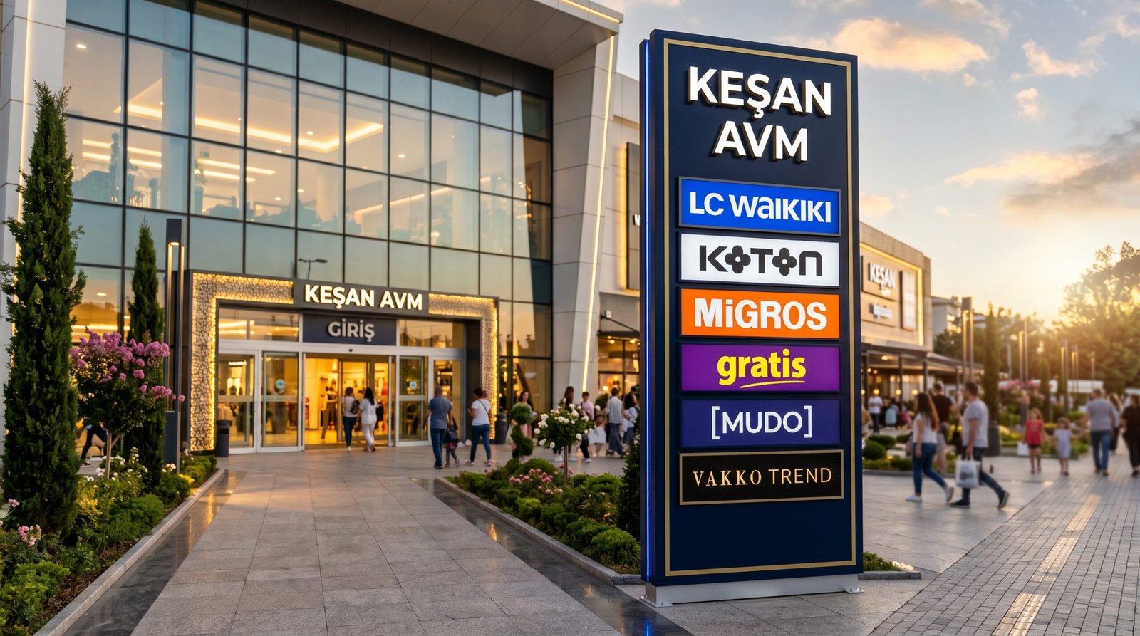 Keşan AVM girişinde modern çift yüzlü totem tabela — Nova Reklam