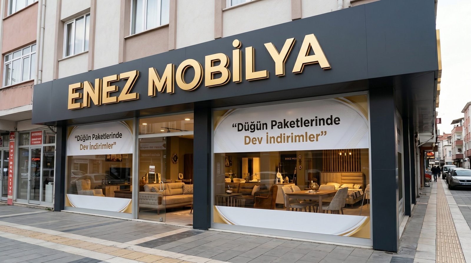 Keşan kutu harf tabela Enez Mobilya cephe uygulaması gold krom harf Nova Reklam