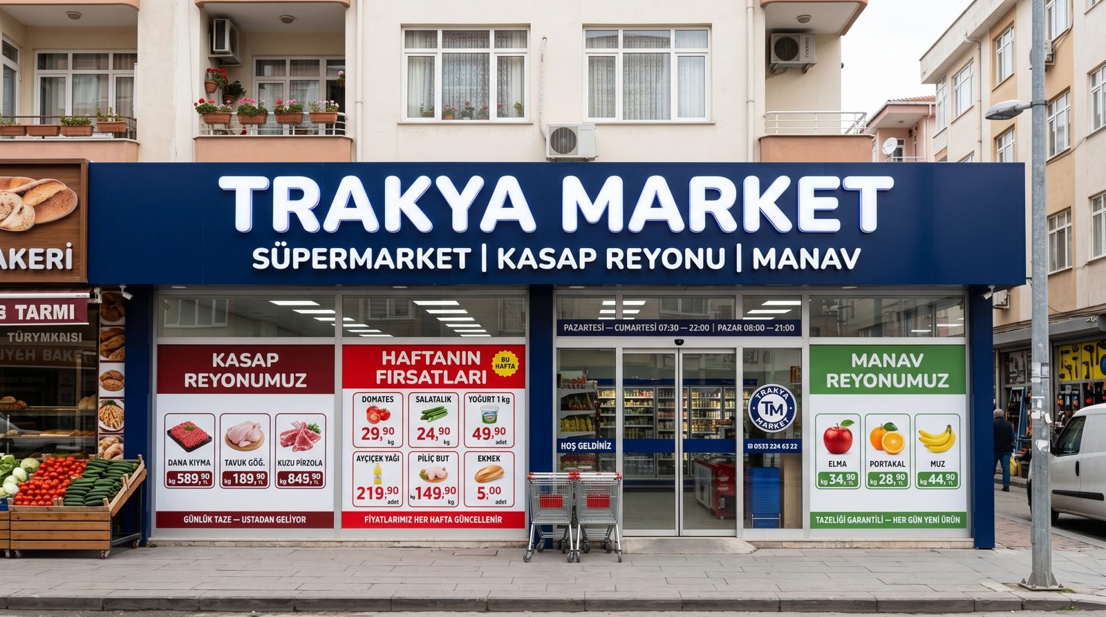 Keşan cam yazıları — market cephesine uygulanan profesyonel renkli vinil cam yazısı Nova Reklam