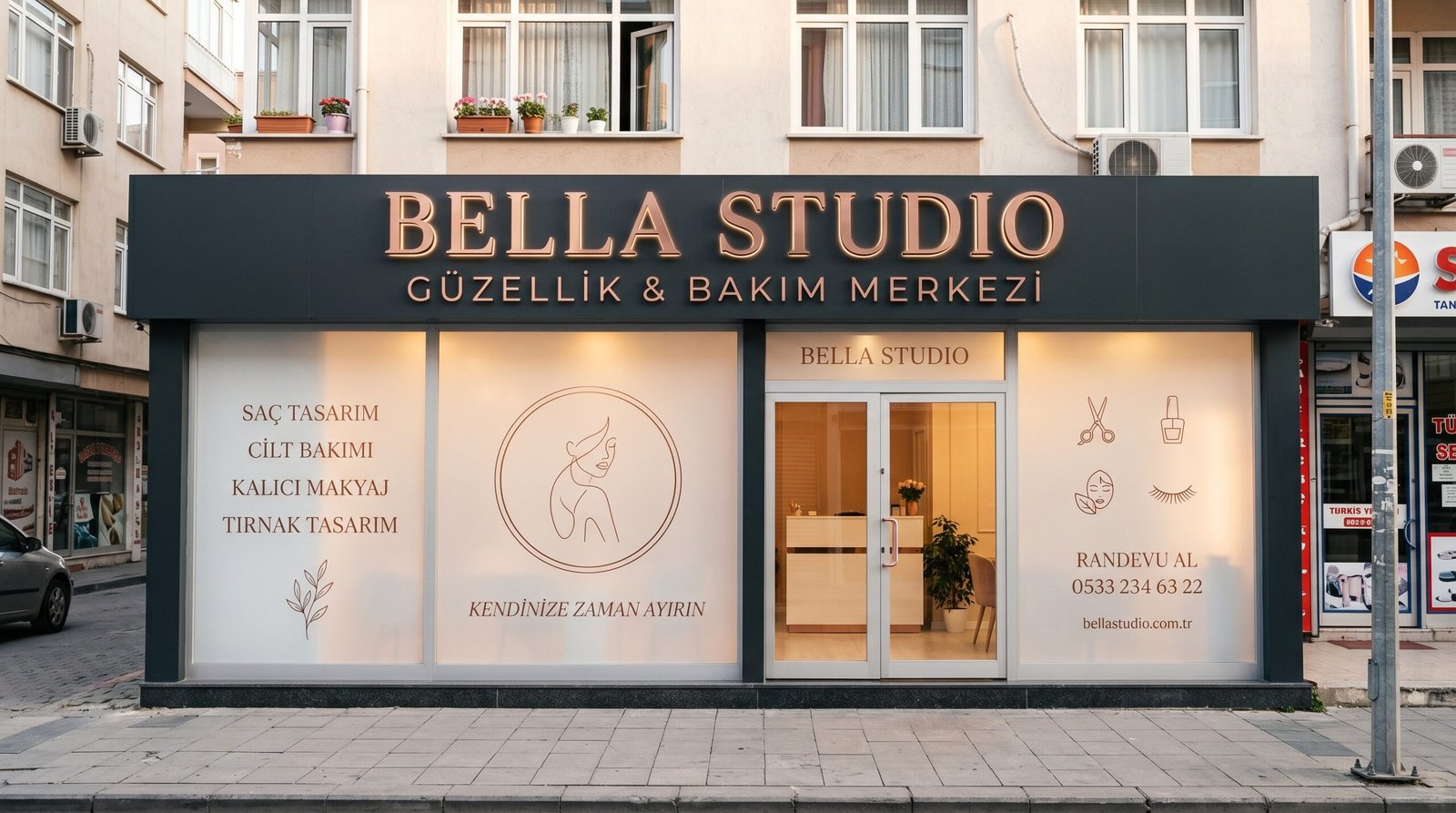 Keşan cam giydirme — güzellik merkezi cephesine uygulanan profesyonel frosted vinil cam giydirme Nova Reklam