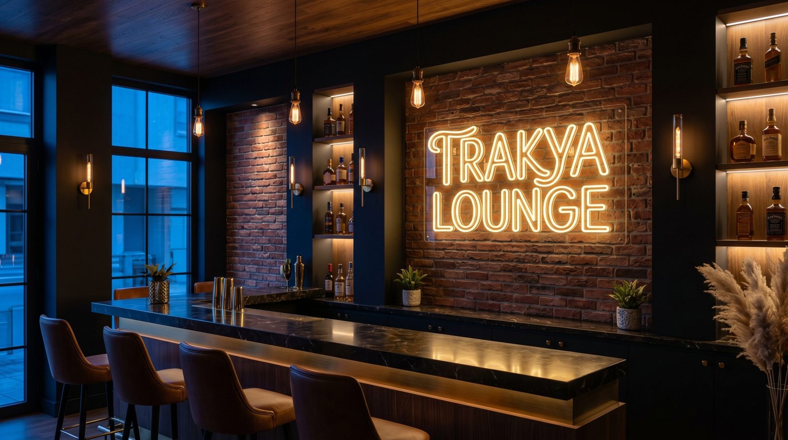 Keşan'da premium kafe iç mekanında tuğla duvara monte edilmiş flex neon tabela — Nova Reklam