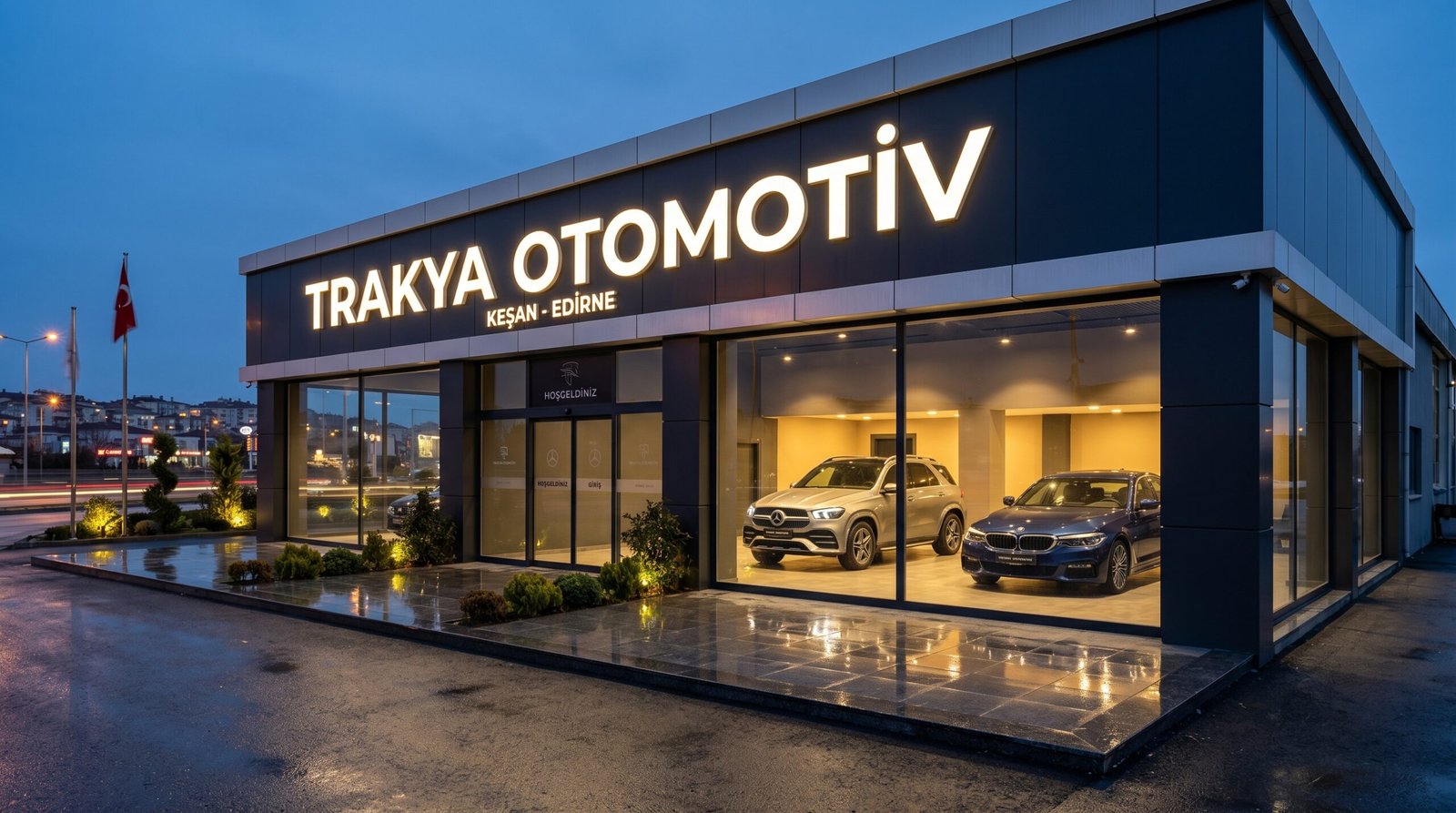 Keşan'da otomotiv showroom cephesine monte edilmiş LED aydınlatmalı tabela — Nova Reklam