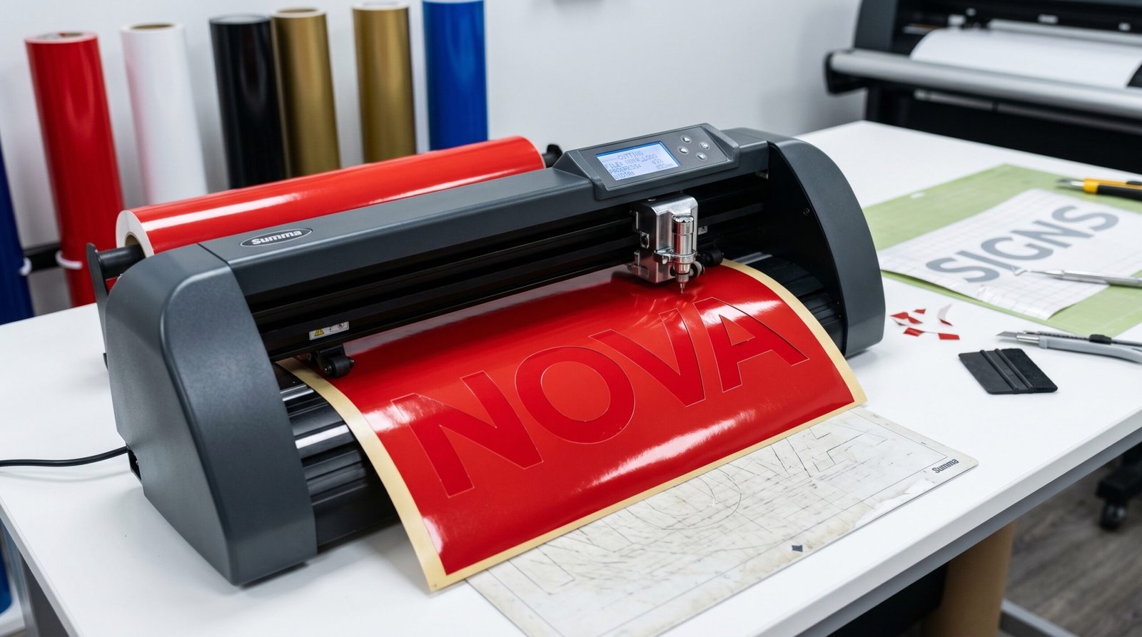 Keşan folyo kesim — profesyonel plotter makinesiyle vinil folyo kesim işlemi Nova Reklam atölyesi