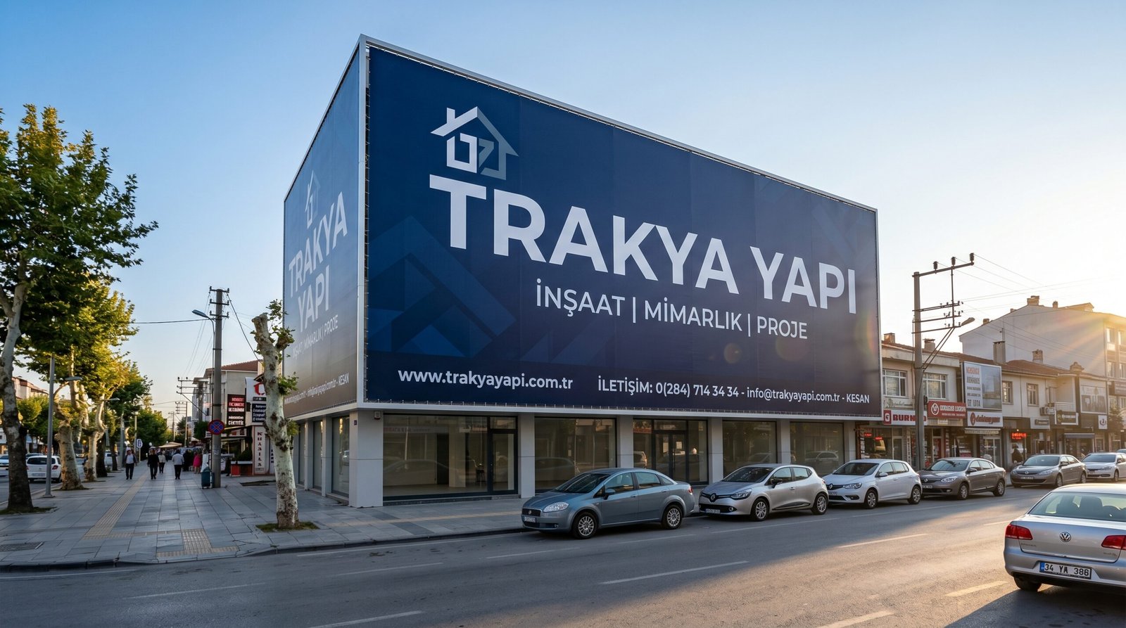 Keşan vinil germe tabela — ticari bina cephesine uygulanan büyük format vinil baskı Nova Reklam