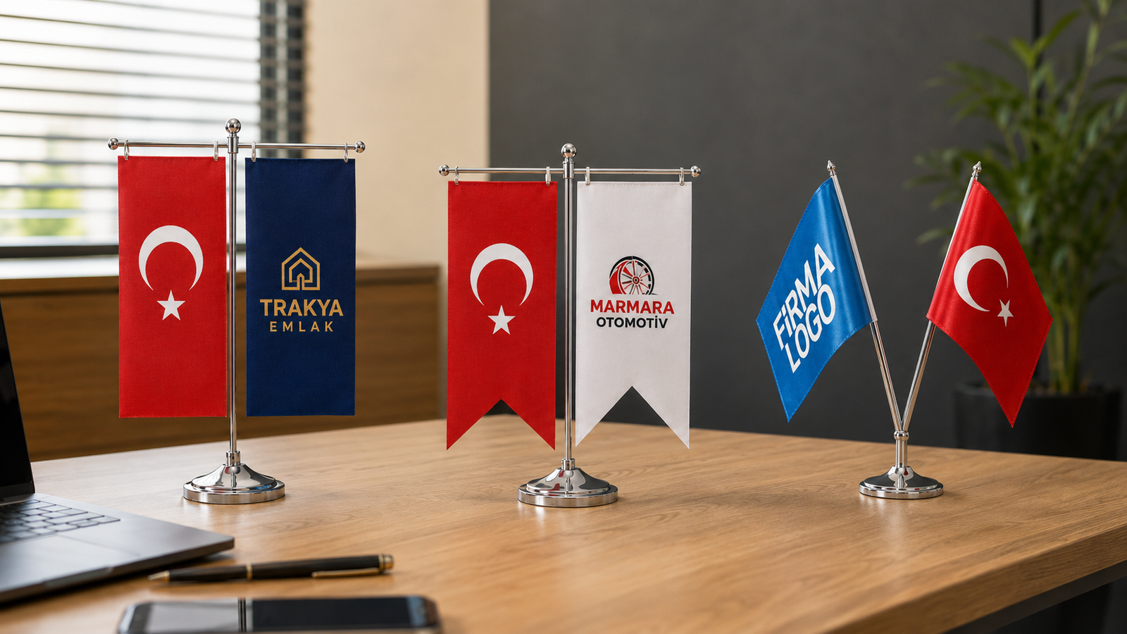 keşan masaüstü bayrak firma logolu Türk bayrağı seti örnekleri Nova Reklam