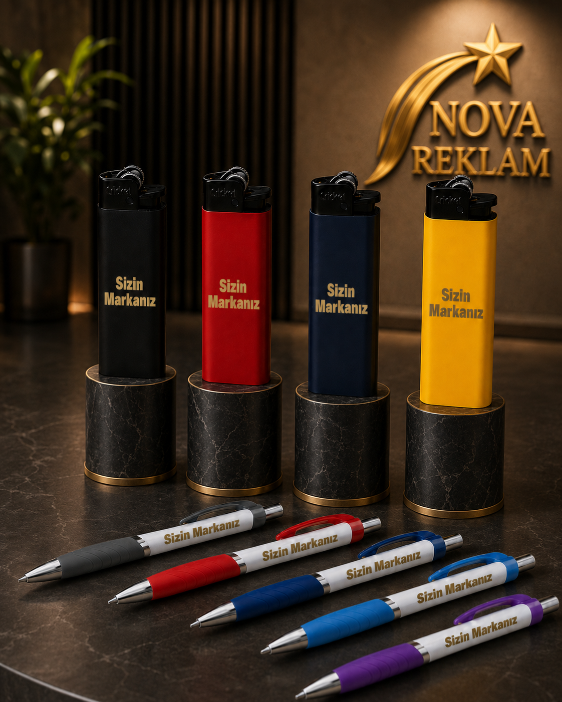 Nova Reklam Keşan'da hazırlanan 100 adet baskılı kalem ve çakmak promosyon seti